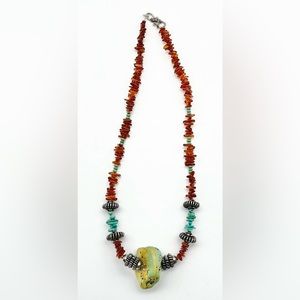 Gem Stone Necklace of Amber Chips & Turquoise Beads Large Chunk Turquoise Stone